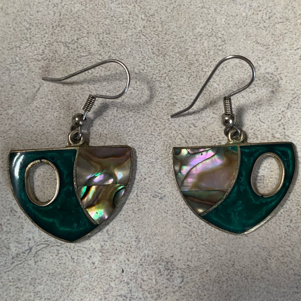 Vtg Alpaca Silver Large Dangle Earrings Signed Alpaca Mexico Abalone Enamel